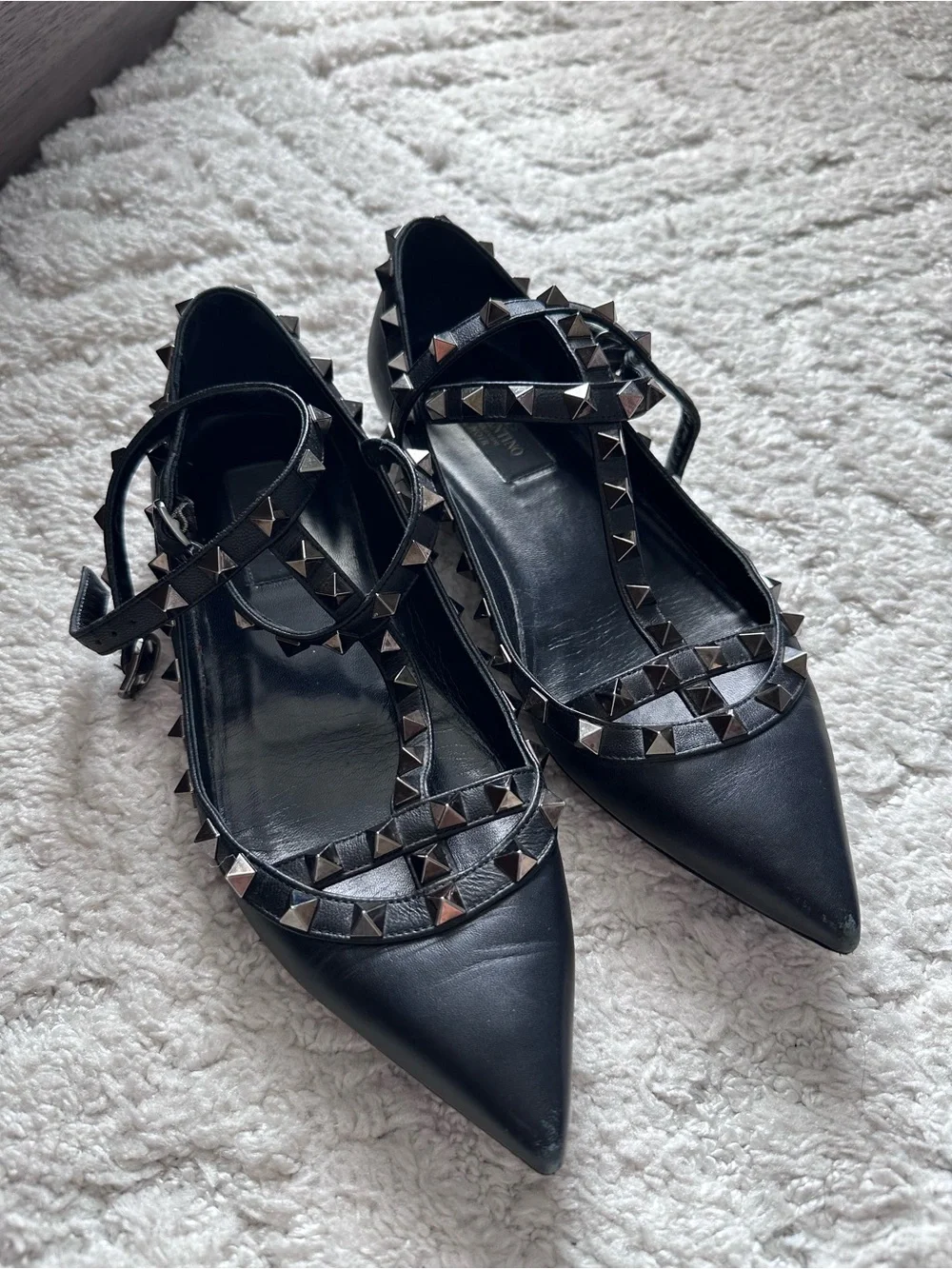 Valentino Rockstud Black Pointed Flat - Black Leather Studded Flats